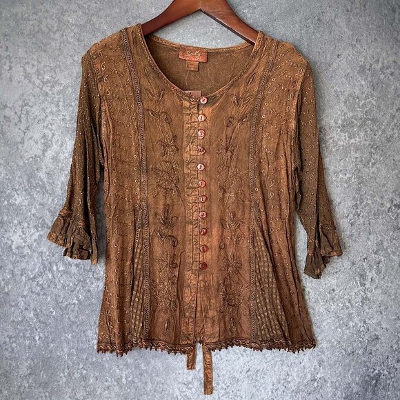Skully Tops - Skully Embroidered Long Sleeve Button Down Boho Top, Medium